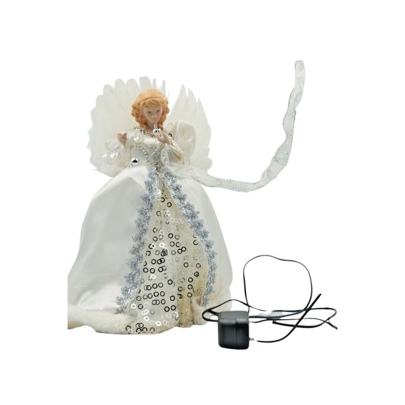 Vintage Light-Up Christmas Angel Tree Topper White Gown Silver Sequins 12" - Picture 4 of 4